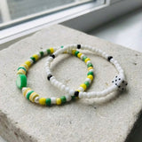 Handmade Green & White Beaded Bracelet Set (2 pcs) – Dice Charm, Striped Beads & Fun Star Accents, Playful Jewelry Gift for Kids/Teens