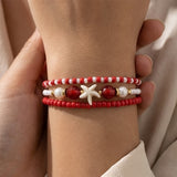 Handmade Red White Gold Beaded Bracelet Set, Starfish Charm, Boho Ocean Jewelry