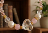 Handmade Beaded Bracelet – Swarovski Pink Glass, Quartz, Pearls, Moonstone & Gold Spacers with Clear Heart Crystal Charm