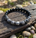 Handmade Black Onyx-style & Zebra Jasper-like Beaded Bracelet, Black White Swirl Stone, Gray Polymer Clay Heishi Spacer Beads, Boho