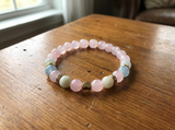 Pink Pastel Beaded Bracelet with Gold Heart Charm, Smooth Round Natural Stone Handmade Stretch Bracelet, Dainty Crystal Style Jewelry