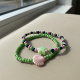 Pastel Mermaid Seed Bead Bracelet Set, Green Pink Shell & Star Charm Jewelry