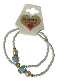 Handmade White Beaded Bracelet with Blue Cube Beads, Pearl Accents & Gold-Tone Spacers - Cute Friendship Jewelry Gift