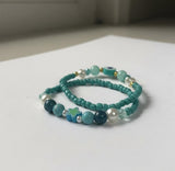 Handmade 2-Piece Turquoise Bracelet Set with White & Blue Beads, Evil Eye & Star Accents – Gift Jewelry, Boho Chic Style