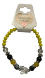 Handmade Beaded Bracelet – Yellow, Black, Clear & Marbled-Style Beads with Clear Butterfly Charm, Boho Jewelry