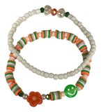Handmade 2-Piece Bracelet Set with White Beads, Orange & Green Accents, Flower & Smiley Charms – Gift Jewelry, Boho Chic Style