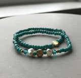 Handmade 2-Piece Turquoise Beaded Bracelet Set with Pearl Accents & Gold-Tone Flower Beads Gift