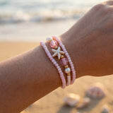 Handmade Pastel Pink White Gold Beaded Bracelet Set, Starfish Charm, Boho Ocean Jewelry
