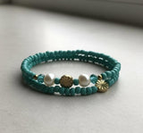 Handmade 2-Piece Turquoise Beaded Bracelet Set with Pearl Accents & Gold-Tone Flower Beads Gift
