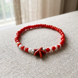 Coral Red Beaded Stretch Bracelet with Starfish Charm — Handmade Beachy Jewelry, Cute Stackable Coastal Summer Accessory Gift