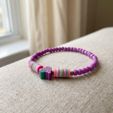 Handmade Purple Beaded Bracelet, Multicolor Striped Beads, Playful Boho Jewelry