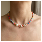 Handcrafted Seaside Starfish and Pearl-like Necklace, Metal-Plated Clasp w/ Extension Chain