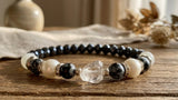 Handmade Beaded Bracelet – Faceted Jet Black & White Pearl-Style Beads, Monochrome Boho Chic Jewelry