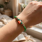 Boho Beaded Bracelet with Cherry Charm – Green Beads & Red-White-Green Accents, Handmade Elastic Jewelry