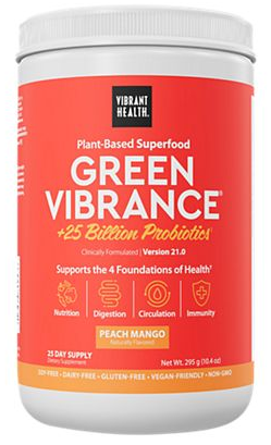 Green Vibrance Plant-Bd Superfood Powder + 25B Probiotics- Peach Mango (25 Srvs)