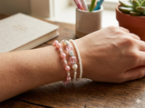 Handmade Pink White Pearl-Like Beaded Bracelet Set, Heart Charm, Boho Ocean Jewelry