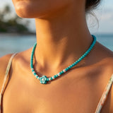 Turquoise Beaded Necklace with Flower Charm, Dainty Seed Beads Floral Jewelry, Metal-Plated Clasp with Extension Chain, Minimalist