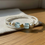 Handmade White Beaded Bracelet with Blue Cube Beads, Pearl Accents & Gold-Tone Spacers - Cute Friendship Jewelry Gift