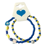 Handmade Blue Yellow Beaded Bracelet Set, Heart and Butterfly Charms, Pearl-Like Accents, Playful Boho Jewelry