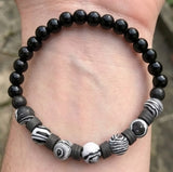 Handmade Black Onyx-style & Zebra Jasper-like Beaded Bracelet, Black White Swirl Stone, Gray Polymer Clay Heishi Spacer Beads, Boho