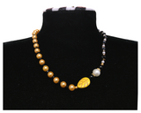 Handcrafted Classic Yellow Pearl Necklace w/ Glass Crystal Beads, Metal-Plated Clasp w/ Extension Chain