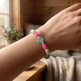 Watermelon Color Clay Bead Bracelet, Pink Green Flower Heishi Bead Jewelry, Preppy Summer Fruit Bracelet Stack