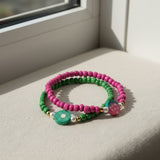 Green & Pink Fruit Beaded Bracelet Set, Strawberry and Kiwi Charms— Handmade Colorful Bead Stretch Jewelry Gift For Her