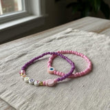 Handmade Pink Purple Beaded Bracelet Set, LOVE & Heart Design, Playful Boho Jewelry