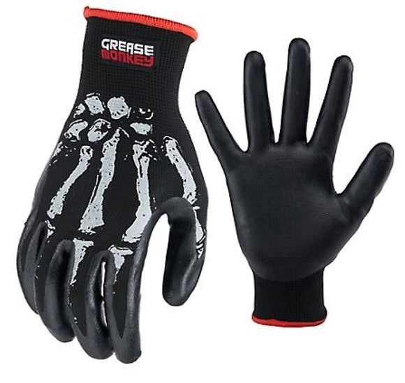 Grease Monkey 25277-26 Skeleton Themed Unisex Foam Nitrile Glove, Black, Large