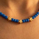 Royal Blue Beaded Star Necklace Minimalist Blue Bead Choker Jewelry Metal-Plated Clasp w/ Extension Chain