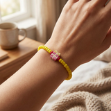Handmade Yellow Beaded Bracelet, Pink Floral Accent, Playful Casual Jewelry
