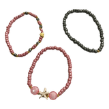Handmade Pink Gray Gold Beaded Bracelet Set, Starfish & Heart Charms, Boho Ocean Jewelry