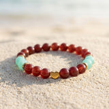 Handmade Red & Turquoise Beaded Bracelet, Gold Heart Charm Jewelry Boho Gemstone Stackable