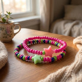 Handmade Beaded Friendship Bracelet Set (2 pcs) – Pink, Green & Blue Beads with Star Accents