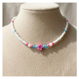 Handcrafted Pink Bloom Beaded Necklace, Metal-Plated Clasp w/ Extension Chain