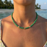 Green Seed Bead Necklace with Gold Star Charms, Dainty Beaded Jewelry Metal-Plated Clasp w/ Extension Chain