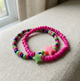 Handmade Beaded Friendship Bracelet Set (2 pcs) – Pink, Green & Blue Beads with Star Accents