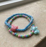 Handmade Beaded Bracelet Set (2 pcs) – Pink, Green & Blue Pastel Beads with Mickey Icon Head Accent, Fun Friendship Gift for Kids/Teens