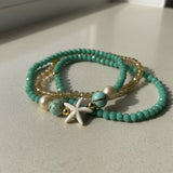 Aqua Turquoise with Gold & Ivory Accents Beaded Bracelet Set, Starfish Coastal Charm Stackable Jewelry Pearl & Crystal Stretch Bangles with