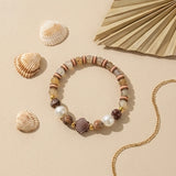 Handmade Wood and Pearl Beaded Bracelet Earth Tone Gemstone Seashell Charm Jewelry Coastal Boho Style