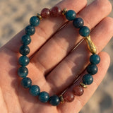 Teal Jade Beaded Bracelet with Gold Fish Charm, Stretch Boho Gemstone, Ocean-Inspired Jewelry, Teal Turquoise Bracelet, Handmade