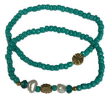 Handmade 2-Piece Turquoise Beaded Bracelet Set with Pearl Accents & Gold-Tone Flower Beads Gift