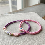 Handmade Pink Purple Beaded Bracelet Set, LOVE & Heart Design, Playful Boho Jewelry