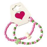 Handmade Pink Green White Beaded Bracelet Set, Flower & Candy Charm, Playful Boho Jewelry