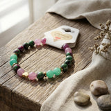 Ruby Zoisite Green Aventurine & Pink Jade Beaded Bracelet with Heart Charm Stretch Boho Gemstone Natural Stone Jewelry