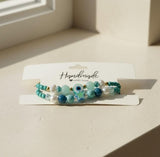 Handmade 2-Piece Turquoise Bracelet Set with White & Blue Beads, Evil Eye & Star Accents – Gift Jewelry, Boho Chic Style