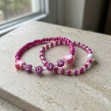 Handmade Pink Beaded Bracelet Set (2 pcs) – Heart & Star Charms with LOVE Letters, Pearl Accent, Cute Jewelry Gift for Kids/Teens