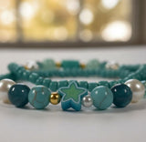 Handmade 2-Piece Turquoise Bracelet Set with White & Blue Beads, Evil Eye & Star Accents – Gift Jewelry, Boho Chic Style