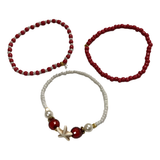 Handmade Red White Gold Beaded Bracelet Set, Starfish Charm, Boho Ocean Jewelry
