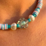 Turquoise Heishi Bead Necklace, Surfer Style Beach Beaded Jewelry, Pastel Pink Blue Choker, Metal-Plated Clasp w/ Extension Chain